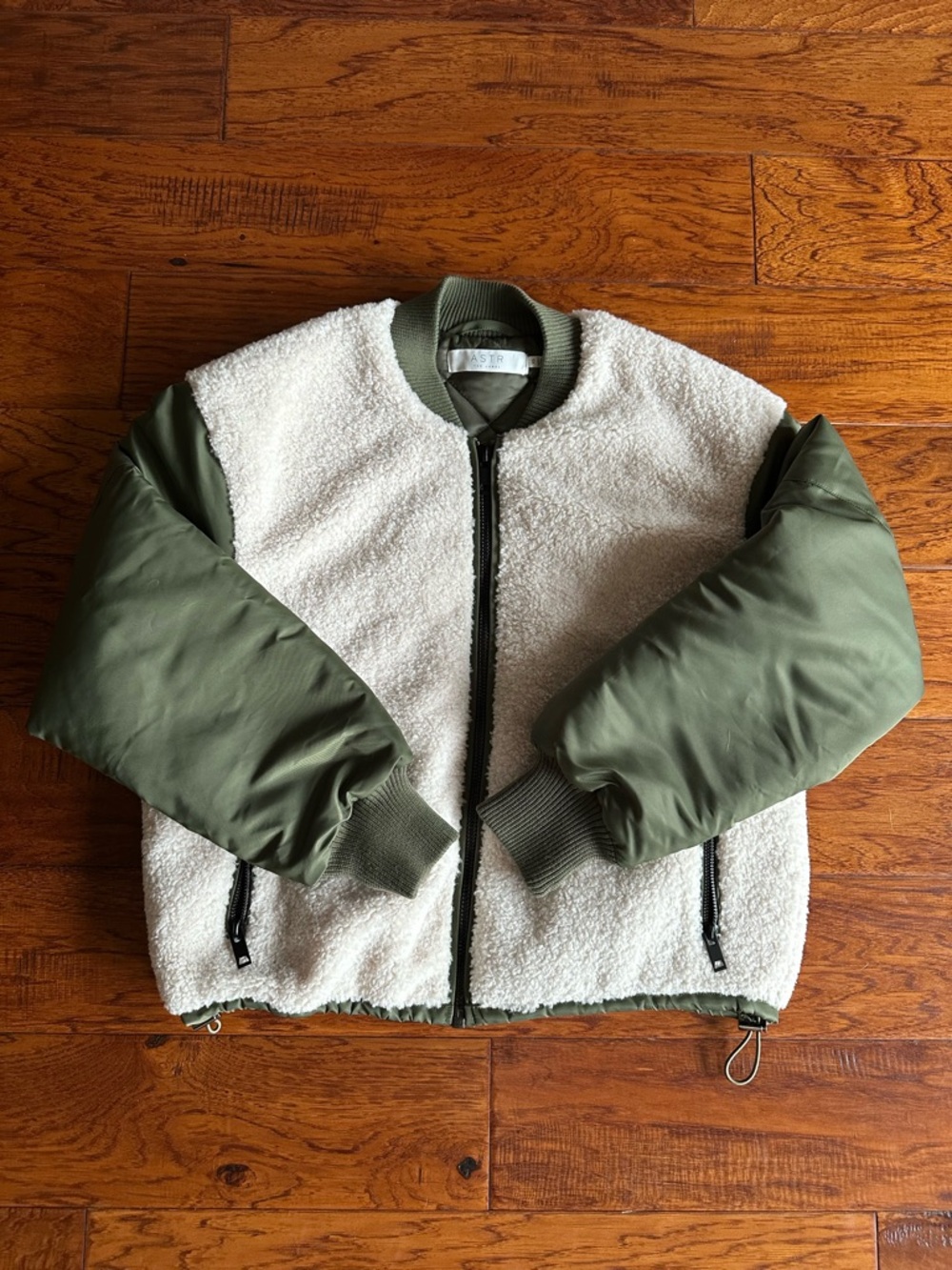 NEW ASTR Sherpa Bomber Jacket in Olive Green and Cream
